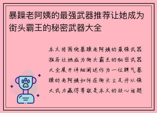 暴躁老阿姨的最强武器推荐让她成为街头霸王的秘密武器大全
